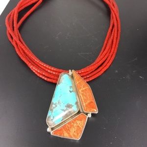 Turquoise Coral Pendant Sterling Silver Necklace